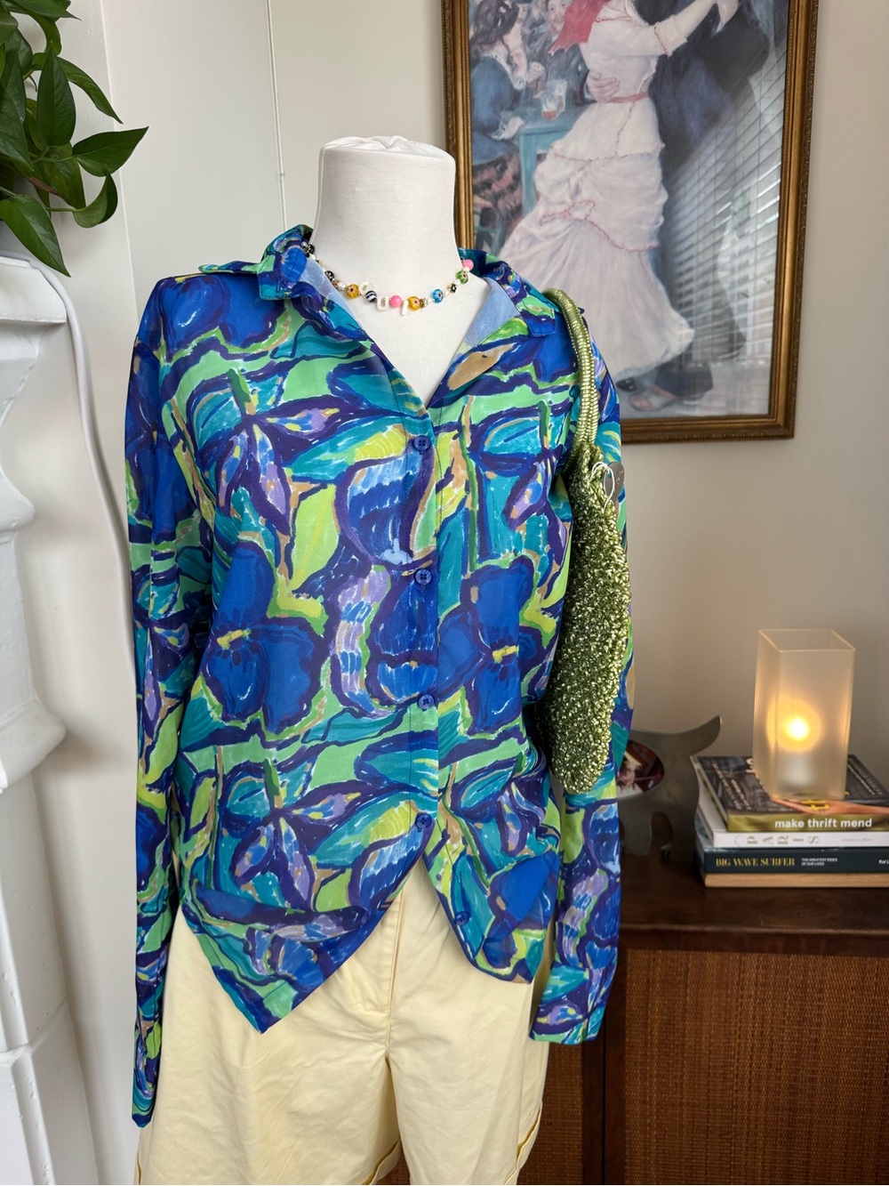 Vibrant Monet Inspired Sheer Blue & Lime Floral Button-Up Blouse